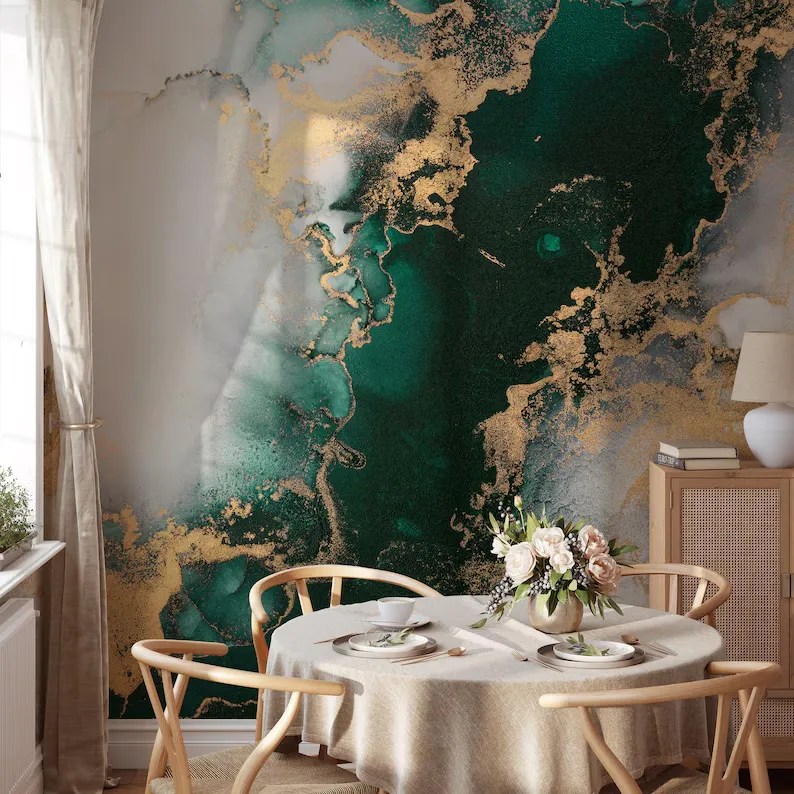 Emerald & Gold — Marble wall mural in an interior