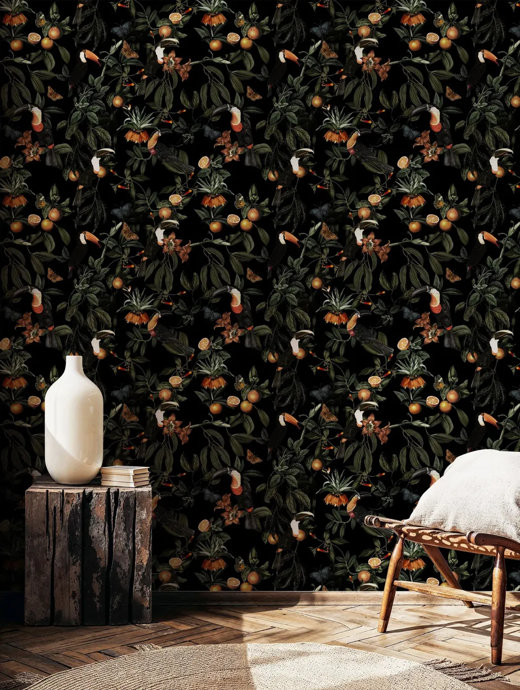 Midnight Orchard — Botanical wallpaper in an interior