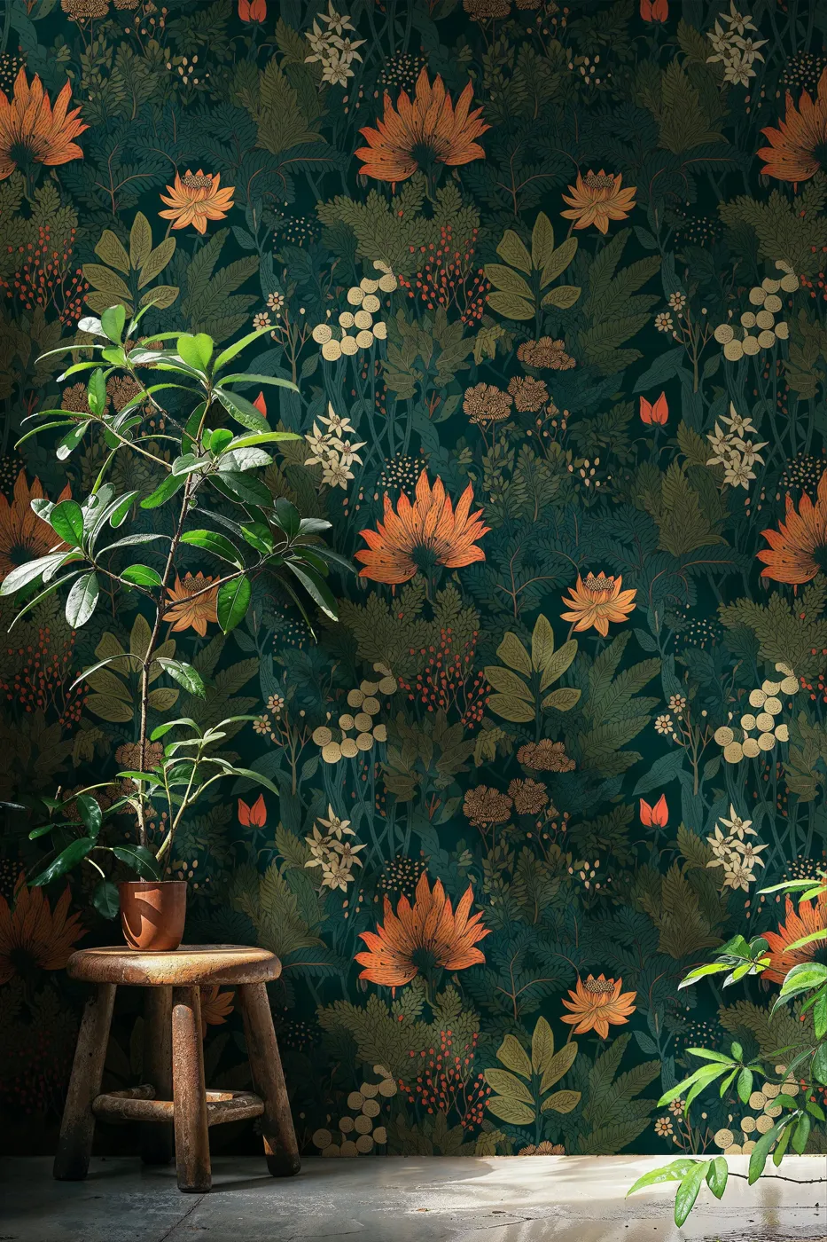 Coral Jungle — Botanical wallpaper in an interior