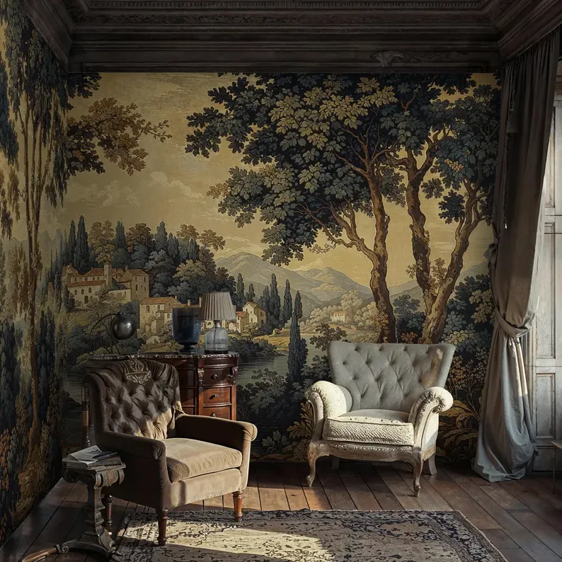 Sepia Vista — Landscape wall mural in an interior