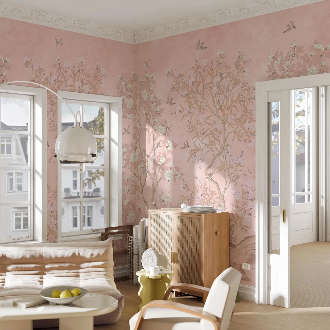Rose Toile — Chinoiserie wall mural in an interior