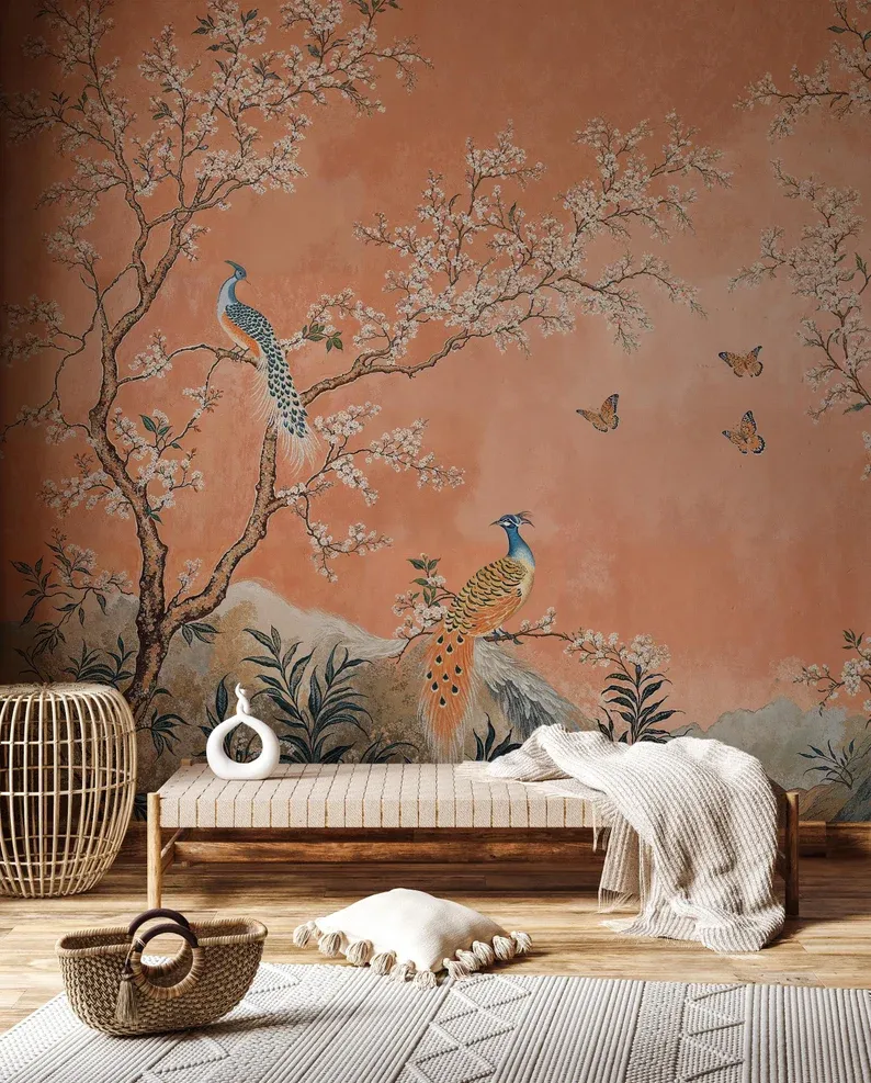 Coral Reverie — Chinoiserie wall mural in an interior