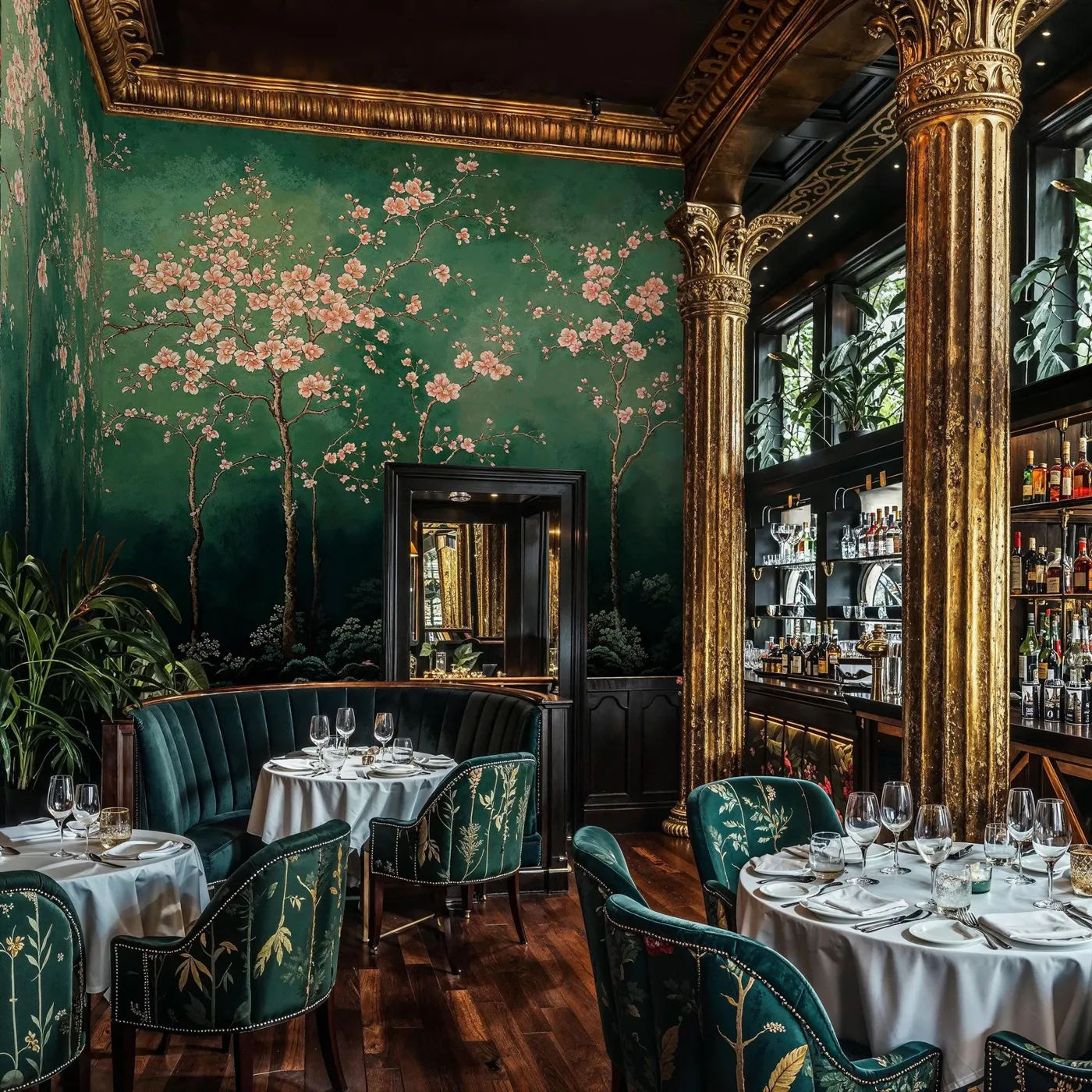 Emerald Bloom — Chinoiserie wall mural in an interior