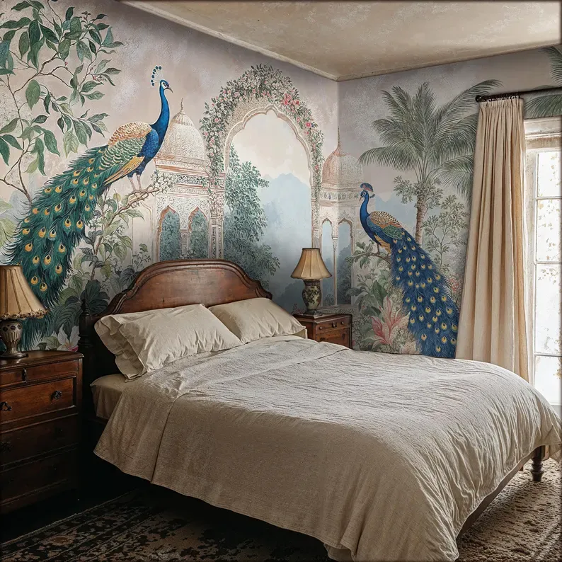 Midnight Aviary — Chinoiserie wall mural in an interior