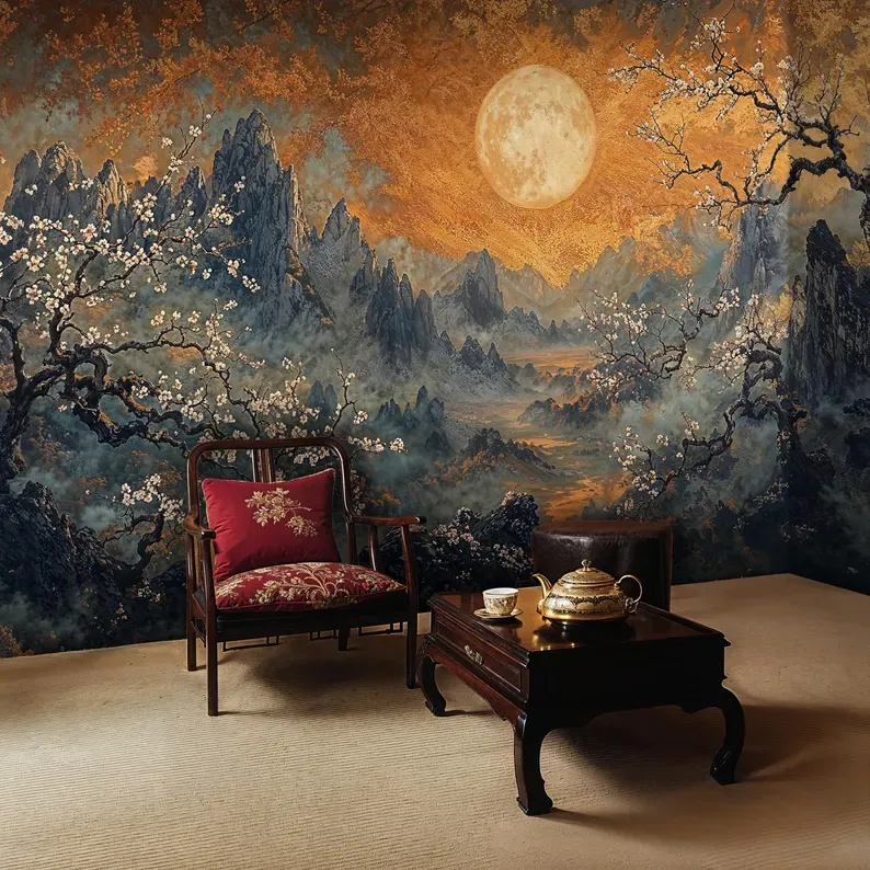 Moonlit Peaks — Chinoiserie wall mural in an interior