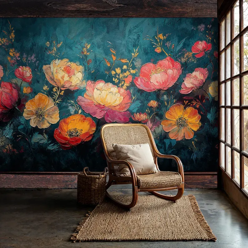 Dark Peony — Floral wall mural in an interior