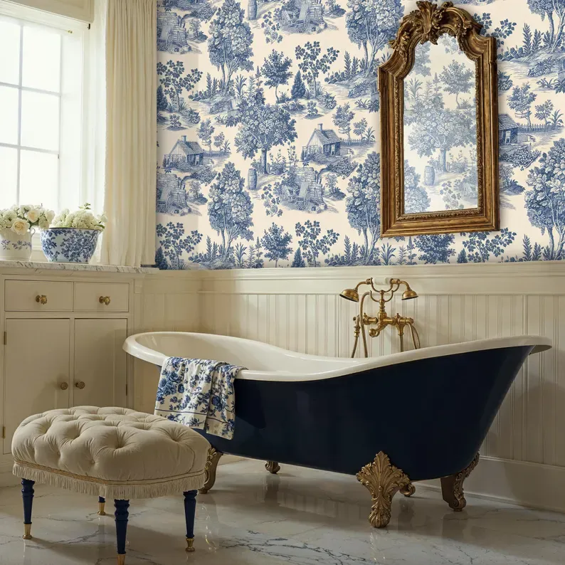 Blue Chinoiserie — Toile wallpaper in an interior