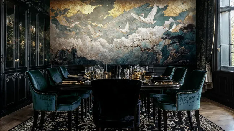 Cloud Cranes — Chinoiserie wall mural in an interior