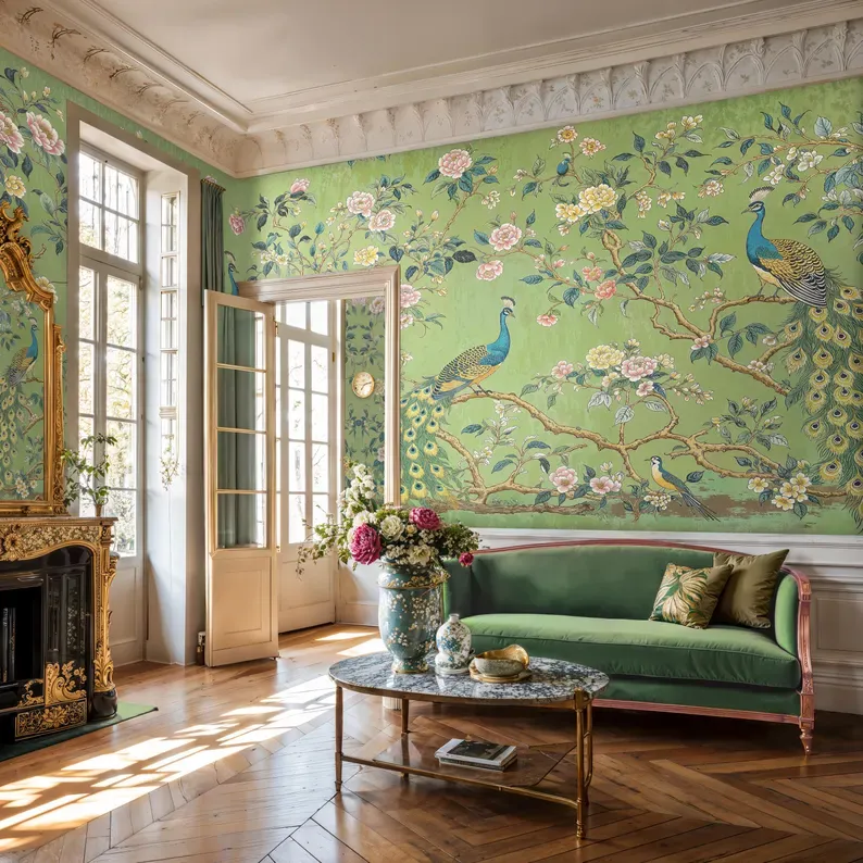 Peacock Green — Chinoiserie wall mural in an interior