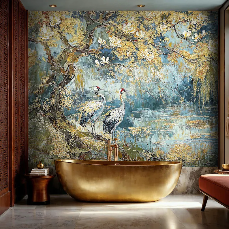 Heron Marsh — Chinoiserie wall mural in an interior