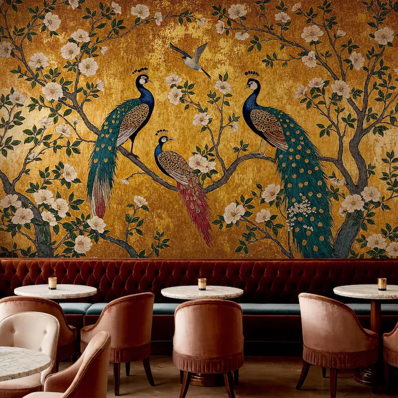 Golden Peacock — Chinoiserie wall mural in an interior