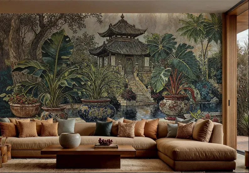 Garden Pagoda — Chinoiserie wall mural in an interior
