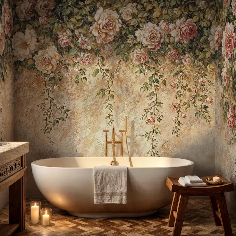 Faded Fresco — Floral wall mural in an interior