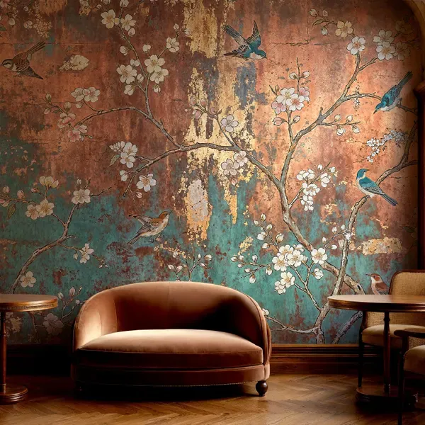 Patina Bloom — Chinoiserie wall mural in an interior