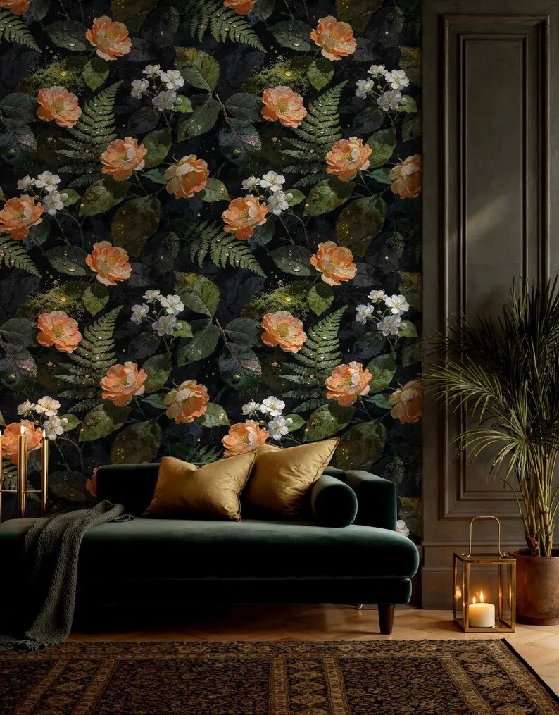 Midnight Rose — Botanical wallpaper in an interior