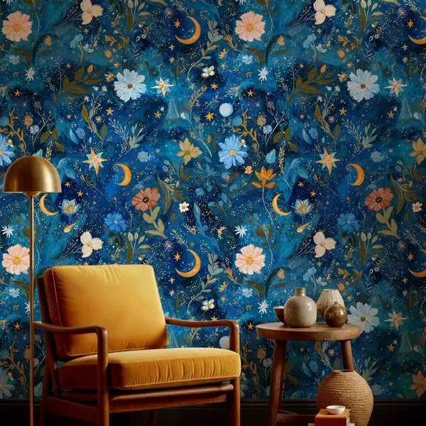 Indigo Bloom — Celestial wallpaper in an interior