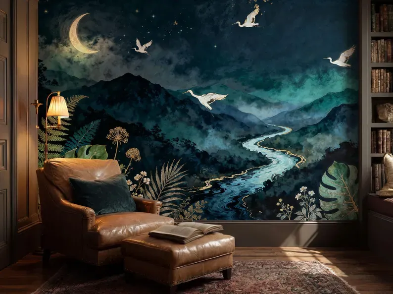Starlit Valley — Chinoiserie wall mural in an interior