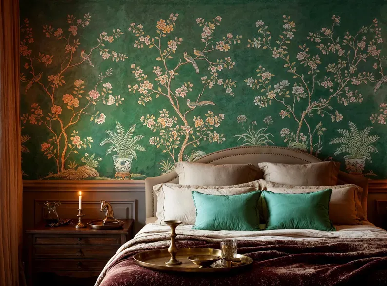 Emerald Damask — Chinoiserie wallpaper in an interior
