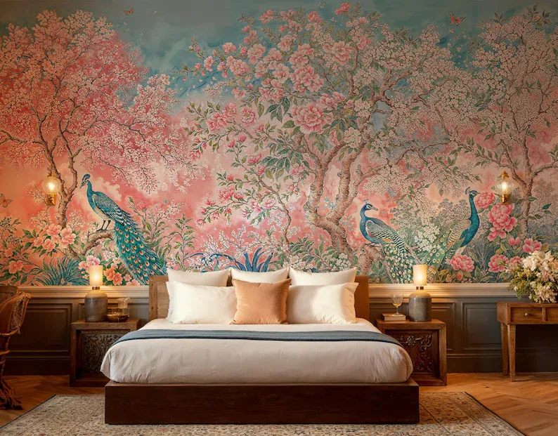 Cherry Blossom — Chinoiserie wall mural in an interior