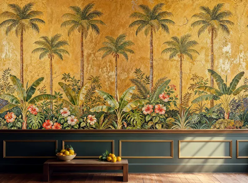 Golden Jungle — Tropical wall mural in an interior
