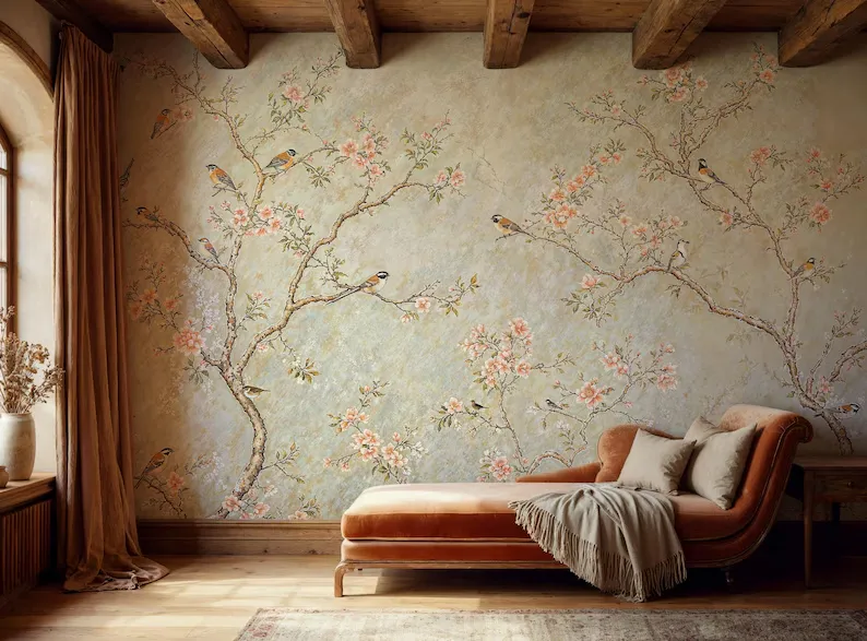 Golden Aviary — Chinoiserie wall mural in an interior