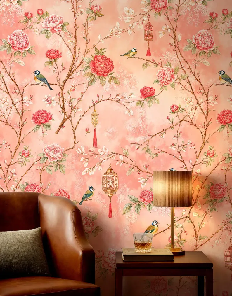 Blush Watercolor — Chinoiserie wallpaper in an interior