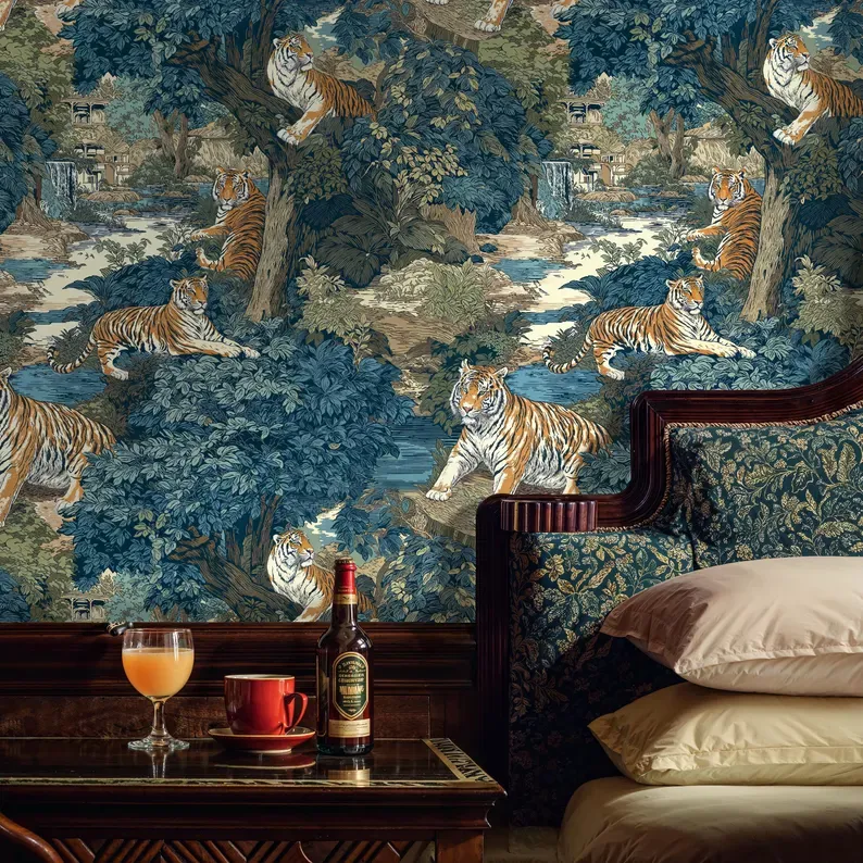 Tiger Jungle — Botanical wallpaper in an interior