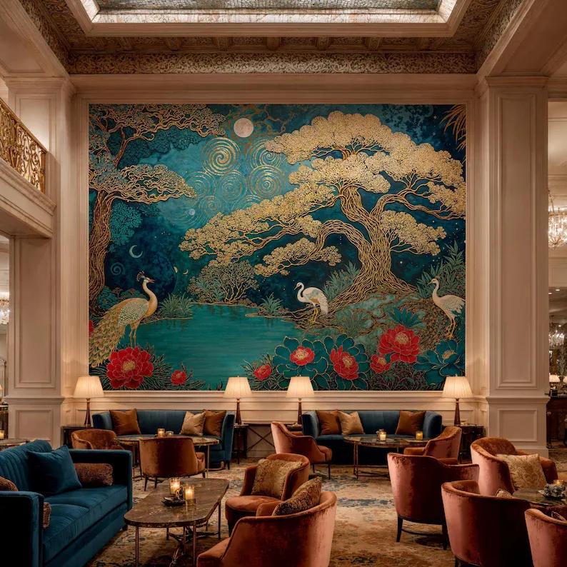 Peacock Pavilion — Chinoiserie wall mural in an interior