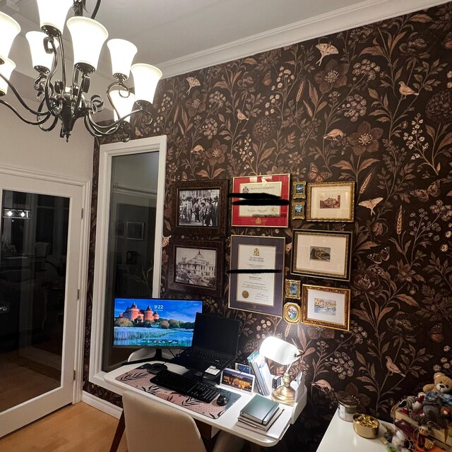 Customer photo — dark botanical mural in a home office