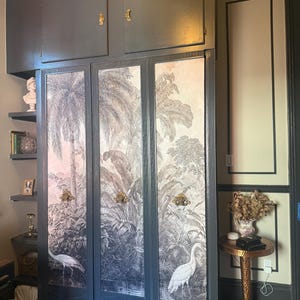 Customer photo — chinoiserie mural applied to cabinet doors